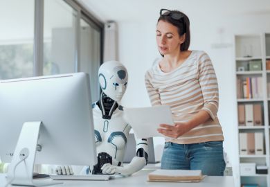 A woman talks to a robot about a paper, symbolising the trialling of AI peer review