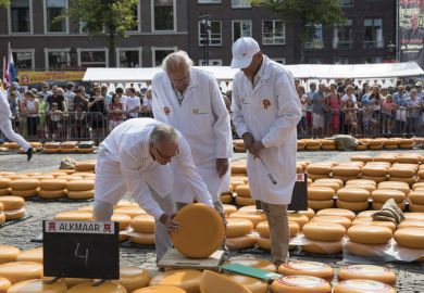 Alkmaar, Netherlands - July 20, 2018 Group of inspectors testing and approving the quality of the cheese at the Alkmaar cheese market