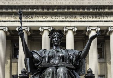 “Alma Mater,” a bronze statue by Daniel Chester French (1852-1931) welcomes students and visitors from the monumental staircase of Low Library at Columbia University.