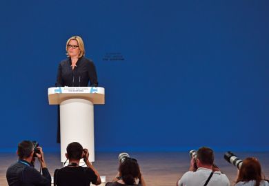 BIRMINGHAM, ENGLAND - OCTOBER 04: Home Secretary, Amber Rudd, delivers her first speech as Home Secretary on the third day of the Conservative Party Conference 2016 at the International Conference Centre on October 4, 2016 in Birmingham, England.