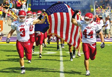 The American football team of Rose Hulman College entering the Hohe Warte Stadium The American football team of Rose Hulman College entering the Hohe Warte Stadium illustrating issues with culture of US college sports