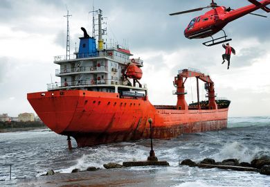 Montage: a helicopter drops an academic on board a stricken ship Montage: a helicopter drops an academic on board a stricken ship