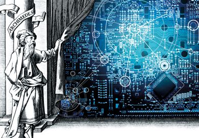Illustration: Archimedes unveils a circuit board from behind a curtain