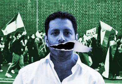 Montage showing Arif Ahmed with torn mouth and student protest in background. To illustrate Ahmed being unusually quiet since starting the role of director for freedom of speech and academic freedom.