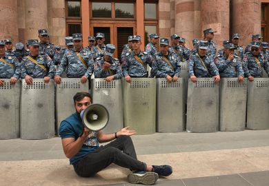 Demonstrators rally to demand Armenian Prime Minister Nikol Pashinyan's resignation, outside the government building in central Yerevan, on 30 May 2024. To illustrate concerns that Armenia's ‘academic city’ will make student protest impossible.
