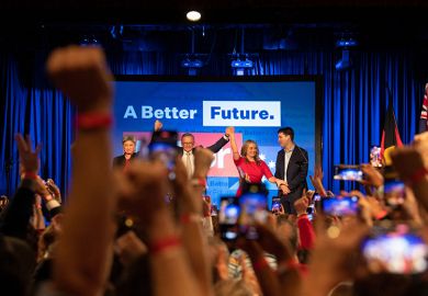 Labor Senate Leader Penny Wong, Australian Opposition Leader Anthony Albanese accompanied by his partner Jodie Haydon and son Nathan Albanese arrive for a victory celebration after winning the 2022 general election at the Federal Labor Reception in Sydney