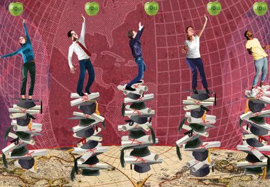 Graduates balancing on degrees