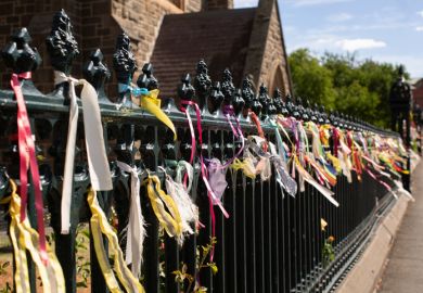 Ballarat, Australia, March 15, 2017 Hundreds of colourful ribbons attached to the fence of St Patricks Catholic Cathedral in support of survivors of child sexual abuse, Ballarat, Victoria, Australia