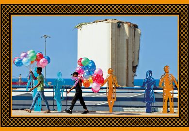 Young street vendors selling balloons walk past sculpted figures representing people staring at the devastation on a sidewalk overlooking the port of Beirut on August 4, 2024