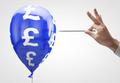 A hand holding a pin to a baloon with a pound sign on it, symbolising the need to move away from volume publishing