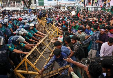 Student activists are shouting slogans before they submit their memorandum to the country's President on quota reforms for civil service jobs, during a demonstration held in Dhaka, Bangladesh, on July 14, 2024