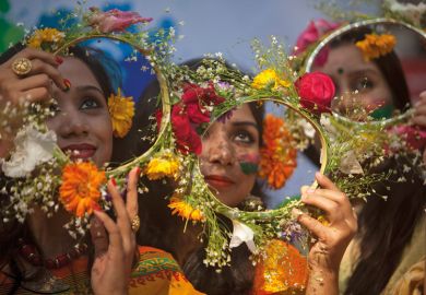 Bangladeshi girl has head decorated with flowers, Dhaka University