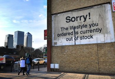 A stencil and spray paint artwork, by Banksy, East London, UK. It shows the message 'Sorry! The lifestyle you ordered is currently out of stock'. To illustrate that universities are increasingly deferring wage increases.
