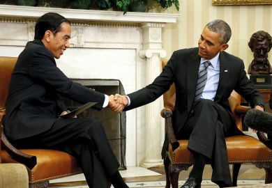 Barack Obama and Joko Widodo shaking hands, Oval Office, White House Barack Obama and Joko Widodo shaking hands, Oval Office, White House