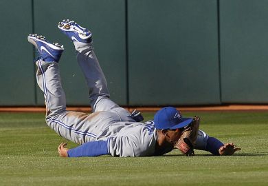 Baseball player Anthony Gose, Toronto Blue Jays, falls on ground