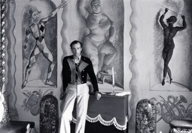 Cecil Beaton at home in 1934, with murals by Pavel Tchelitchew, Rex Whistler, Oliver Messel et al.