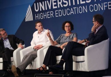 ANU economist Jane Golley with (left to right) ANU strategist Hugh White, UTS economist James Laurenceson and CSU vice-chancellor Andy Vann at the Universities Australia conference, Canberra, 28 February 2019