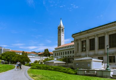Berkeley California,USA. July 25 2021 Doe Memorial Library and Sather Tower at campus of University of California, Berkeley.