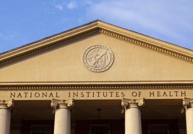 Bethesda, MD, USA 11212020 Exterior view of the main historic building (Building 1) of National Institutes of Health (NIH) inside Bethesda campus. NIH funds majority of biomedical research in USA