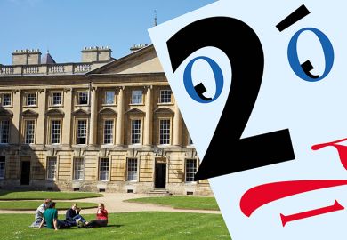 A face made of numbers looks over a university campus