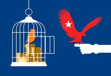 Bird sitting with money inside cage, with an eagle refusing to enter. To illustrate Asian universities submitting to authority, especially if tied to funding, whereas Western counterparts have traditionally resisted coercion.