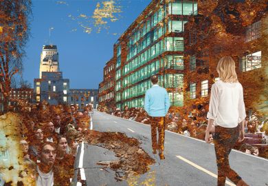 Montage of Birkbeck, University of London with damaged road and students and rust. To illustrate how Birkbeck was let down by decades of 'damaging policy’ Montage of Birkbeck, University of London with damaged road and students and rust. To illustrate how Birkbeck was let down by decades of 'damaging policy’