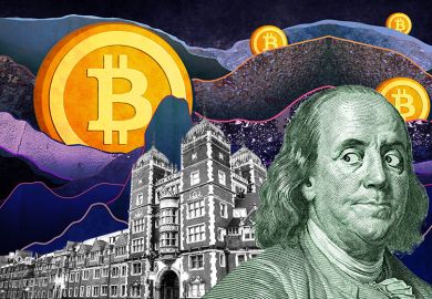Montage of fluctuating bitcoin, University of Pennsylvania and Benjamin Franklin. To illustrate whether universities should accept donations in cryptocurrencies.