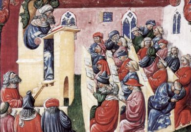 14th century image showing lecture to students in Bologna