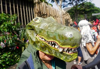Demonstrator wearing a crocodile mask protests against an amnesty for former president Bolsonaro and his supporters who were involved in the alleged coup attempt of 2023. São Paulo, Brazil, 30 March 2025