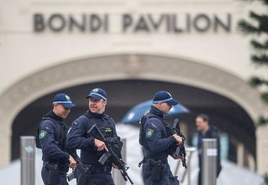 Police patrol outside Bondi Pavilion during a wreath laying ceremony attended by Israeli President Isaac Herzog for the victims of the Bondi shooting, 9 February, 2026.