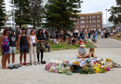 Visitors to Bondi Pavilion lay flowers on 15 December, 2025 in Sydney, Australia. Two attackers opened fire near a Hanukkah celebration at the world-famous Bondi Beach, in what authorities have declared a terrorist incident.
