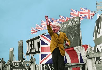 Composite image of UK prime minister Boris Johnson as a bookmaker, illustrating ‘picking winners’