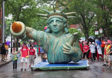 Boston, USA - June 16, 2019 Image of a Statue of Liberty float taken during the Bunker Hill Day Parade in Boston.