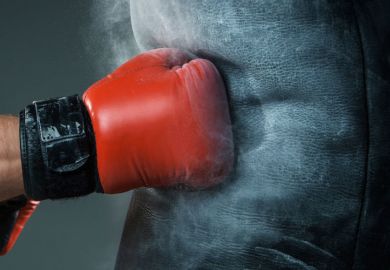 Boxer's fist punching heavy bag
