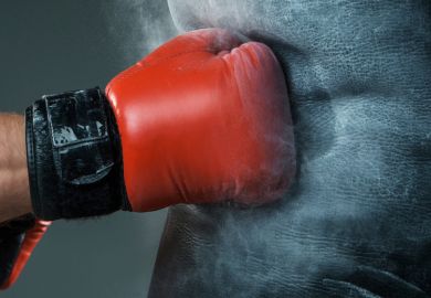 Boxer's hand punching heavy bag