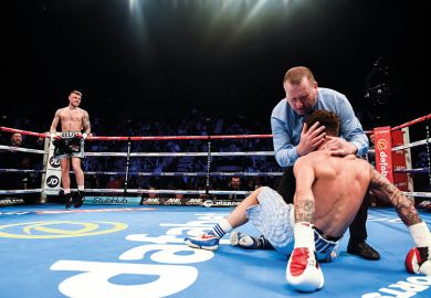 The referee calls the fight to a stoppage during their vacant IBF European Lightweight Championship to illustrate Remember your empathy if you want to avoid violence on campus