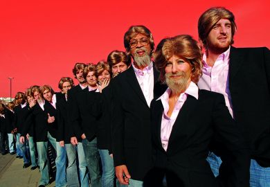 Queue of people in suits and wigs