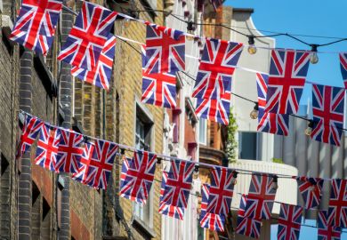 British Union Jack flag garlands in a street in London, UK