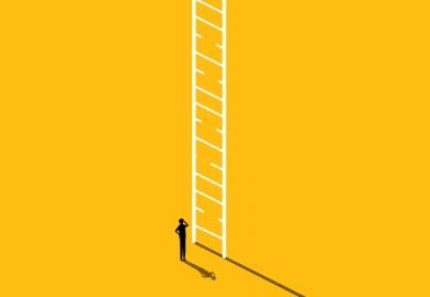 A person stands beneath a ladder whose rungs are broken, symbolising a lack of student support