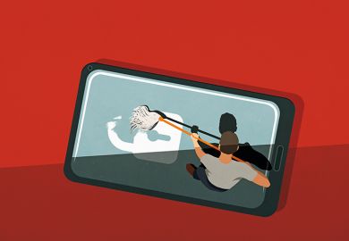 Illustration: a man sweeps a giant mobile phone with a broom Illustration: a man sweeps a giant mobile phone with a broom