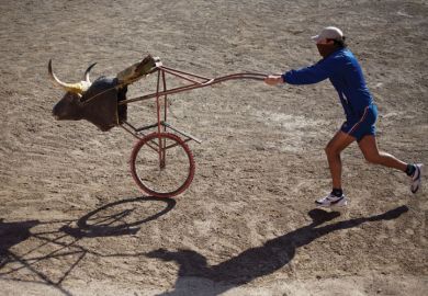 Bullfighter pushing stuffed bull's head on bicycle wheel Bullfighter pushing stuffed bull's head on bicycle wheel