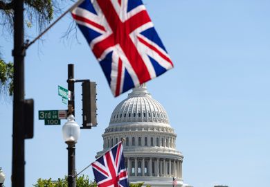 Union Jack flags flying near the US Capitol, illustrating that a record number of US students have applied to study undergraduate degrees in the UK Union Jack flags flying near the US Capitol, illustrating that a record number of US students have applied to study undergraduate degrees in the UK