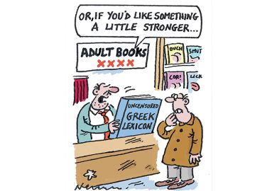Cartoon of adult bookshop owner offering a customer the ‘Uncensored Greek Lexicon’ Cartoon of adult bookshop owner offering a customer the ‘Uncensored Greek Lexicon’