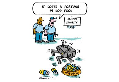 One security man says to another, as they watch a robot dog feed: 'It costs a fortune in dog food.' One security man says to another, as they watch a robot dog feed: 'It costs a fortune in dog food.'