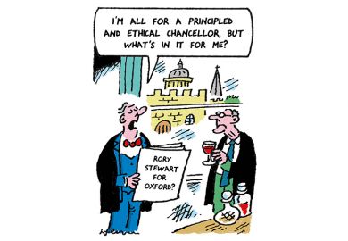 A man holding a newspaper that says “Rory Stewart for Oxford” says to another man “I’m all for a principled and ethical chancellor, but what’s in it for me?”