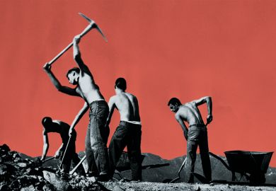A chain gang works with pickaxes against a red background