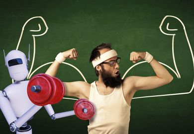 Man flexes biceps while a robot lifts weights