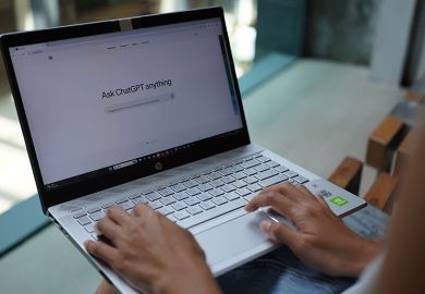 A woman browses OpenAi website on her laptop. On the screen it says "Ask ChatGPT anything". Illustrating increased use of AI by students in part of their assessments