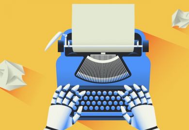 A robot at a typewriter, symbolising ChatGPT