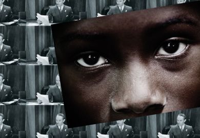 Child's eyes in front of collage of white businessmen